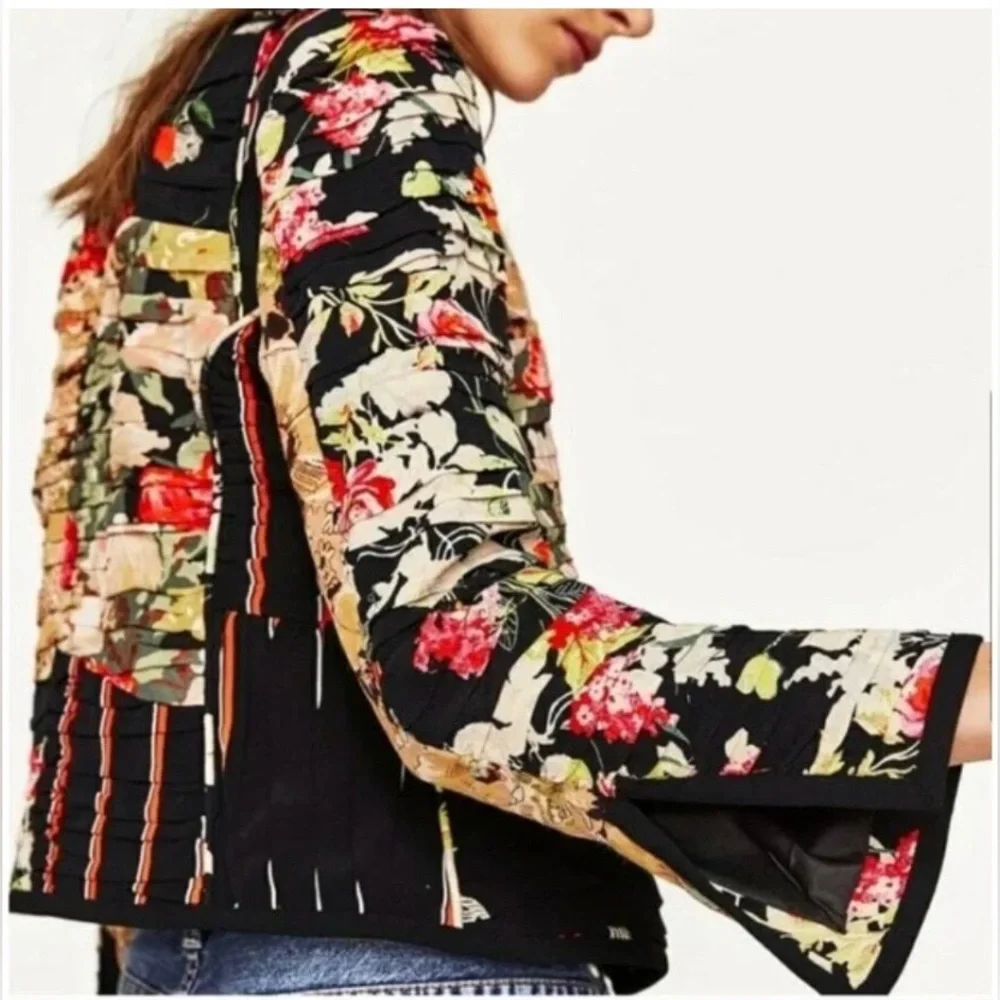 Zara Floral Patchwork Black Multicolor Blazer Jacket - Picture 3 of 9